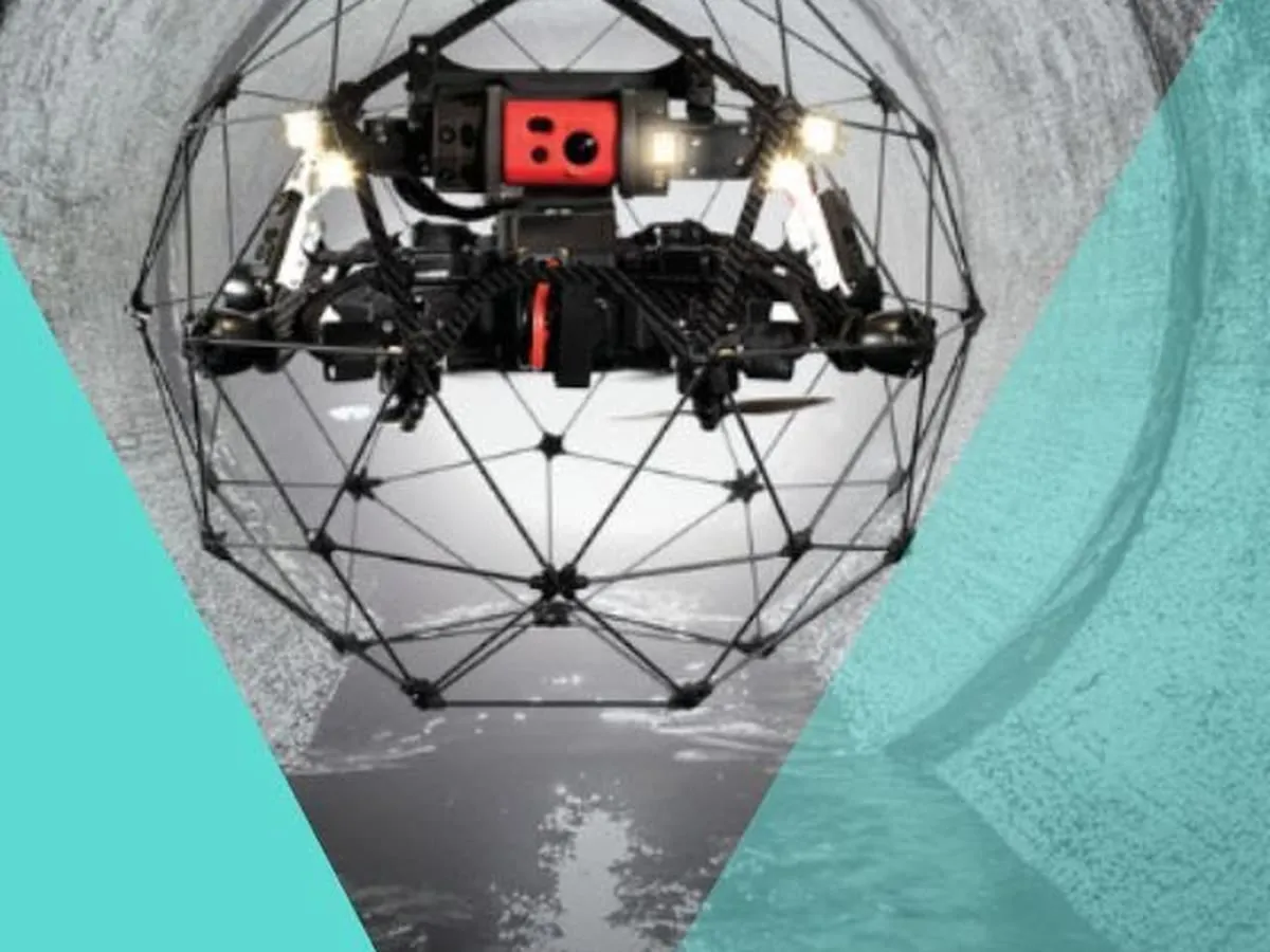 An inspection drone inside a large underground pipe during the Fishers demonstration