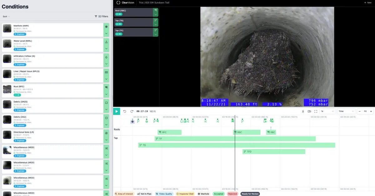 ClearVision pipe inspection review screen with detected conditions on the timeline