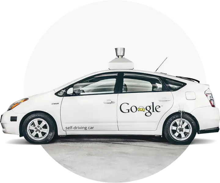 white Prius Google self driving car centered in a circle