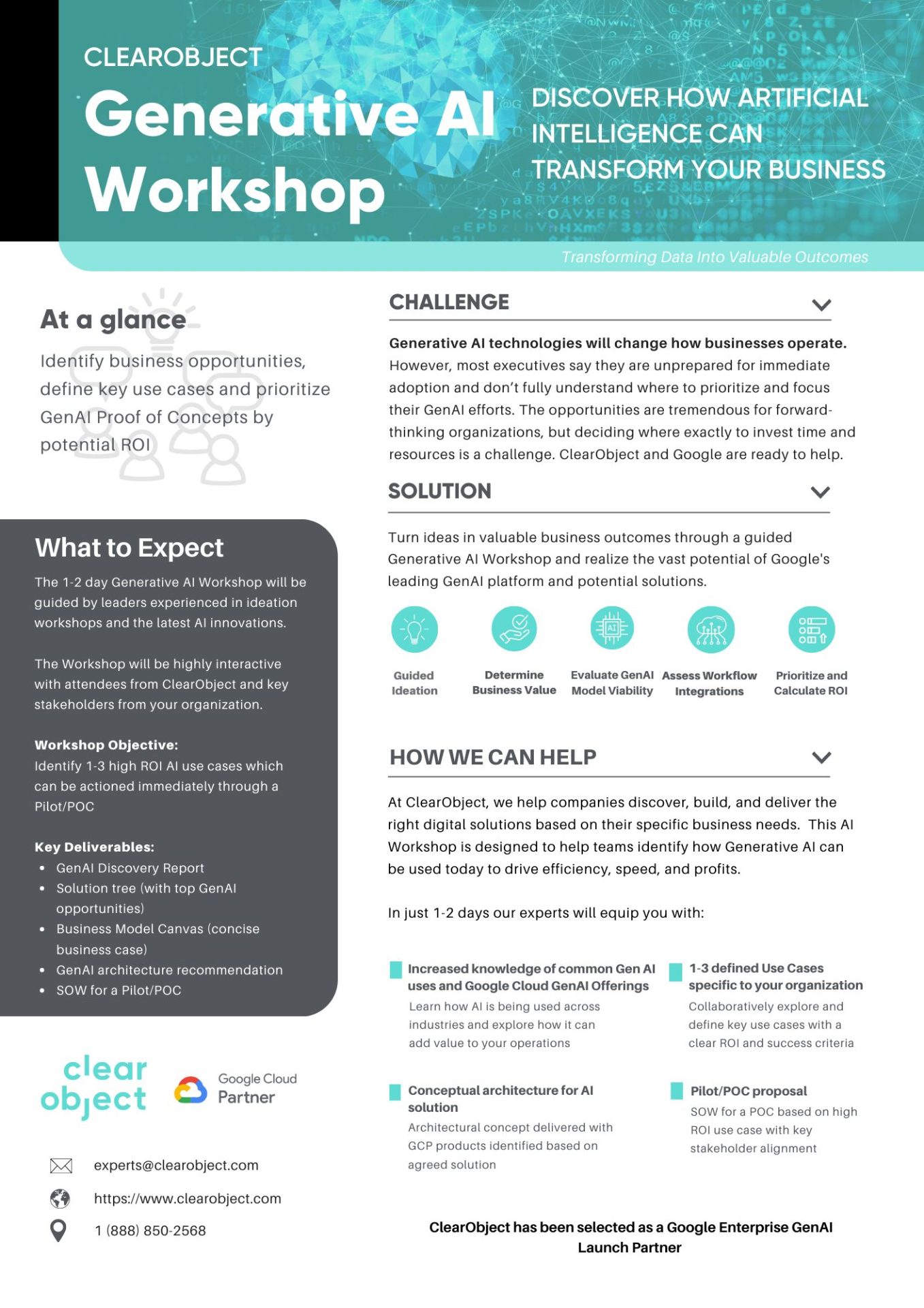 GEN AI - Workshop Offerings Image of a brochure with information about ClearObject's GenAI Workshop offering.