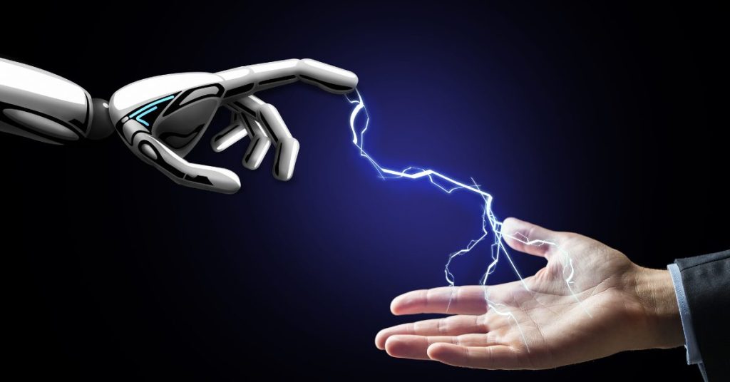 AI powered android with a electric stream moving to a man's hand.