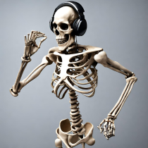 Skeleton dancing with headphones on