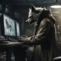 A werewolf looking at a computer screen