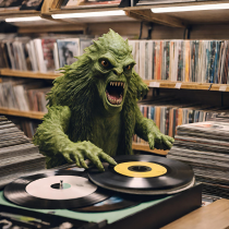 A swamp monster in a record store