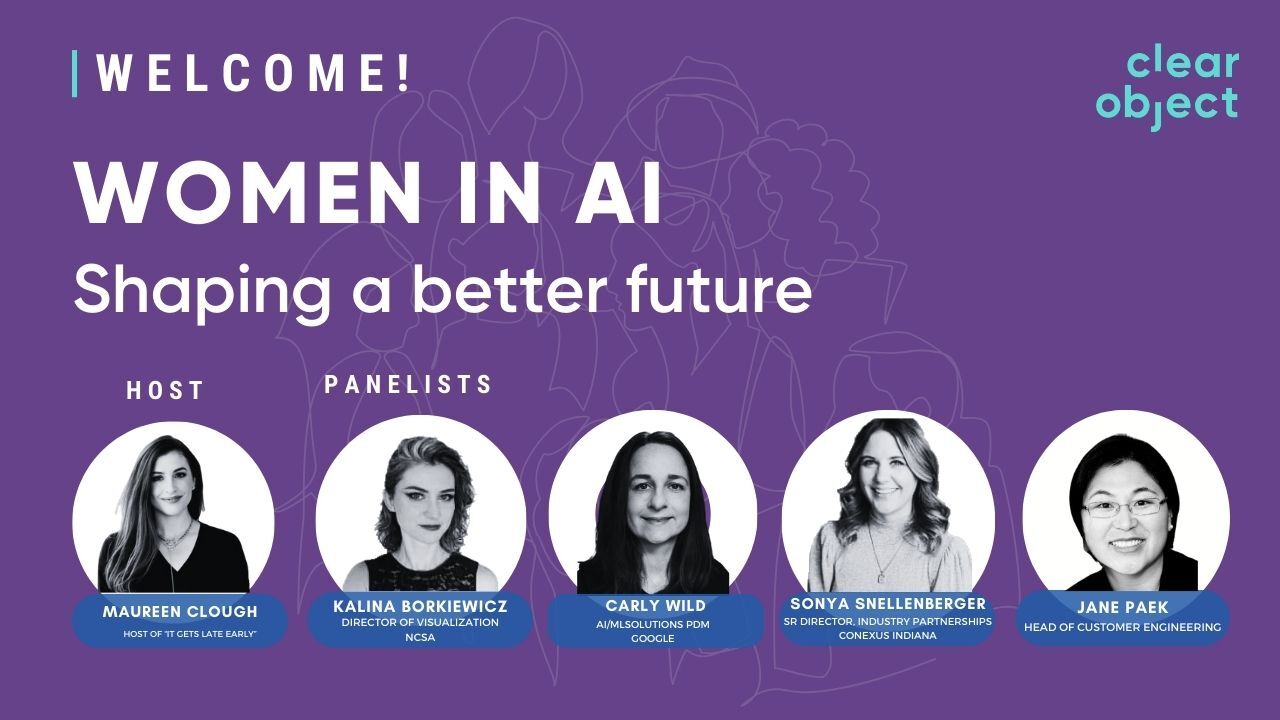 Women in AI: Shaping a Better Future title card showing images of the moderator and four panelists.