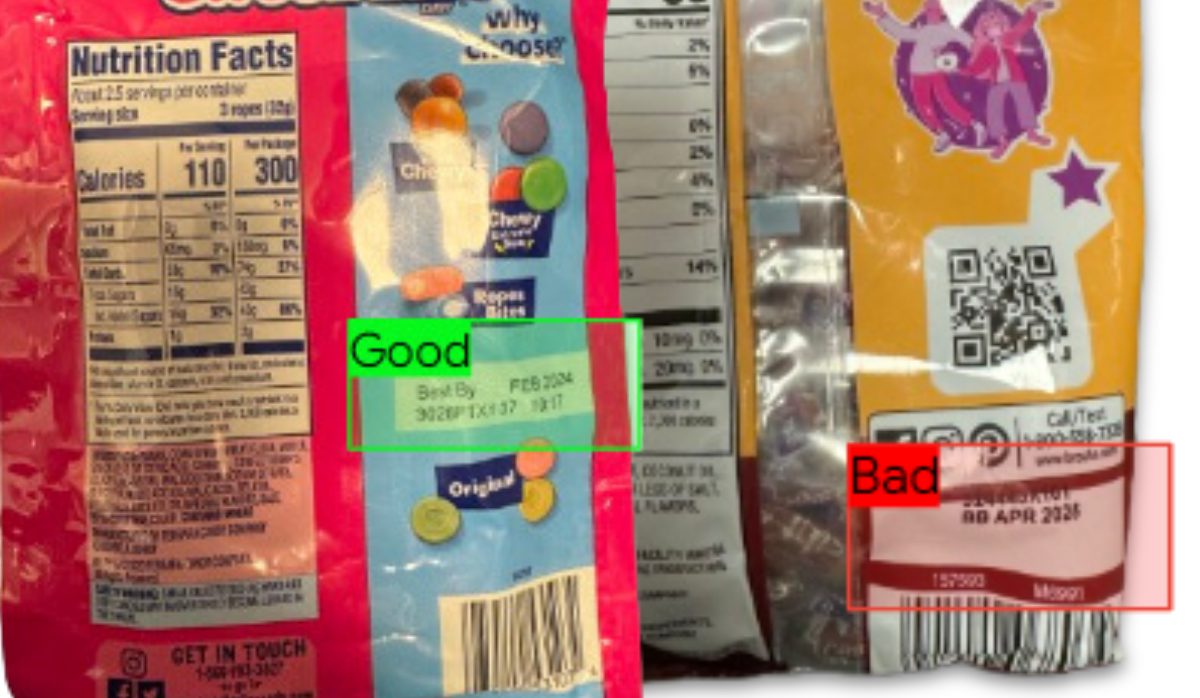 Image depicting two candy packages, one with a clearly printed "best by" date, the other which is misaligned and hard to read. 