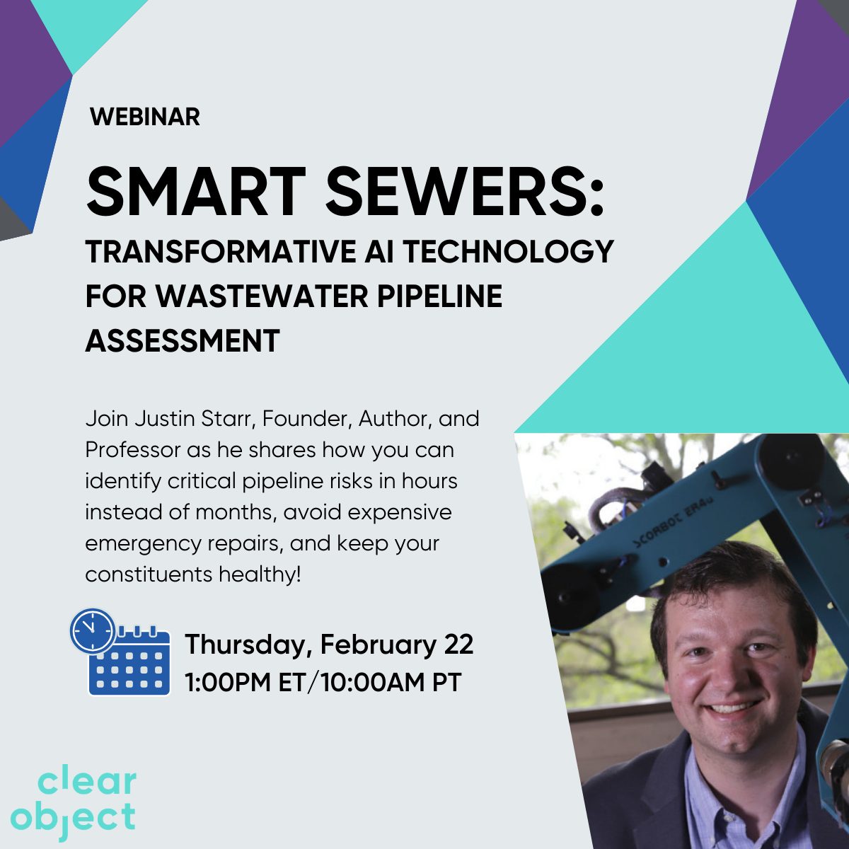 Smart Sewers image with a picture of presenter, Justin Starr