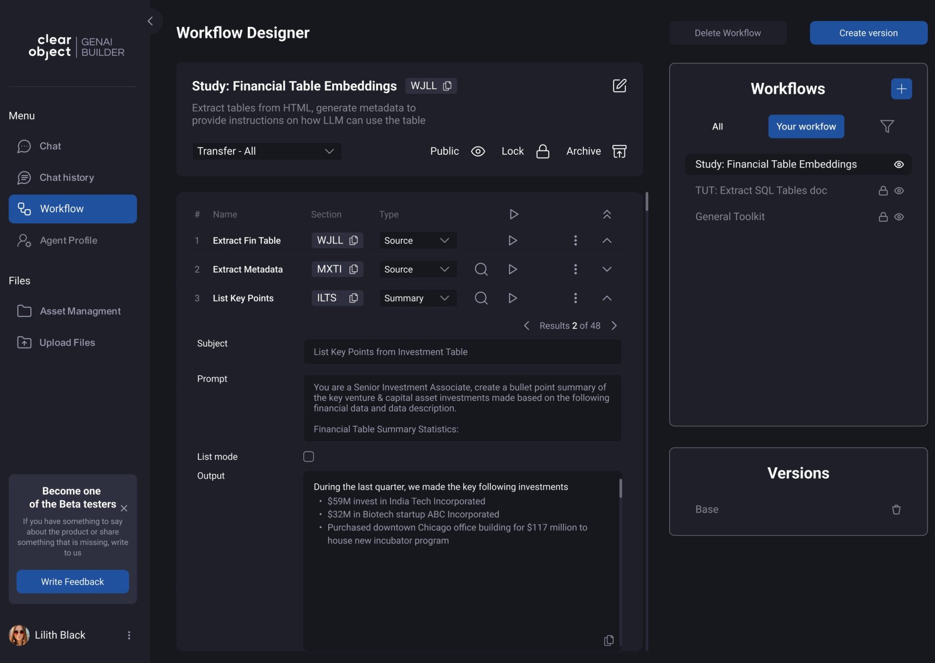 GenAI Builder Beta Workflow 2 Screen shot of the GenAI Builder beta release, showing prompts for financial analysis