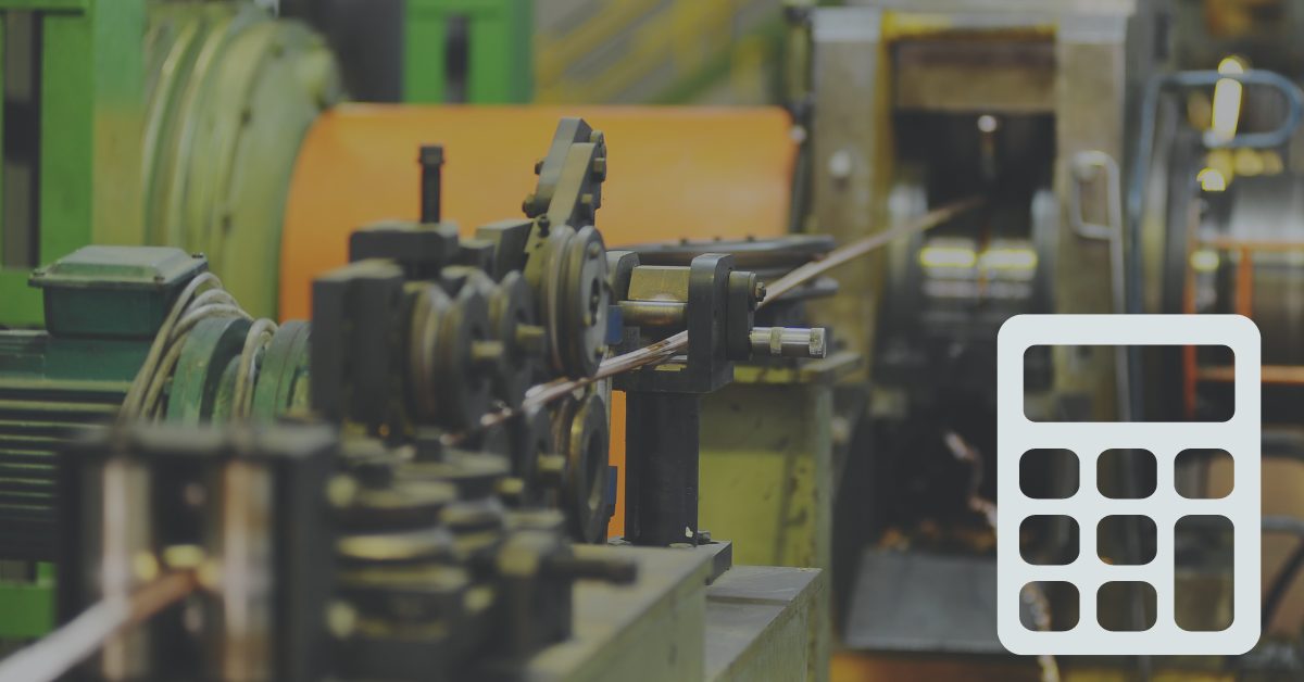 OEE calculator 2 Image of factory machinery overlayed with a calculator icon to indicate a tool to improve equipment efficiency.